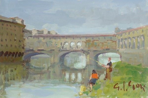 Gino Paolo Gori : Ponte Vecchio  - Olio su cartone telato - Asta Autori del XIX e XX sec., arte moderna e contemporanea - I - Galleria Pananti Casa d'Aste