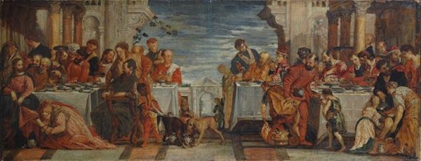 Attr. a Paolo Veronese : Dinner at the house of Simone Fariseo  - Oil on paper (two sheets) applied on canvas - Auction ANTIQUES - I - Galleria Pananti Casa d'Aste