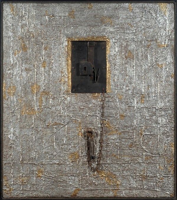 Elio Marchegiani : Serratura con chiave  (1963)  - Tecnica mista e applicazioni metalliche su tavola - Auction Arte moderna e contemporanea - Galleria Pananti Casa d'Aste