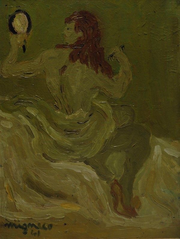 Giuseppe Migneco : Donna allo specchio  (1941)  - Olio su cartone telato - Auction Arte moderna e contemporanea - Galleria Pananti Casa d'Aste