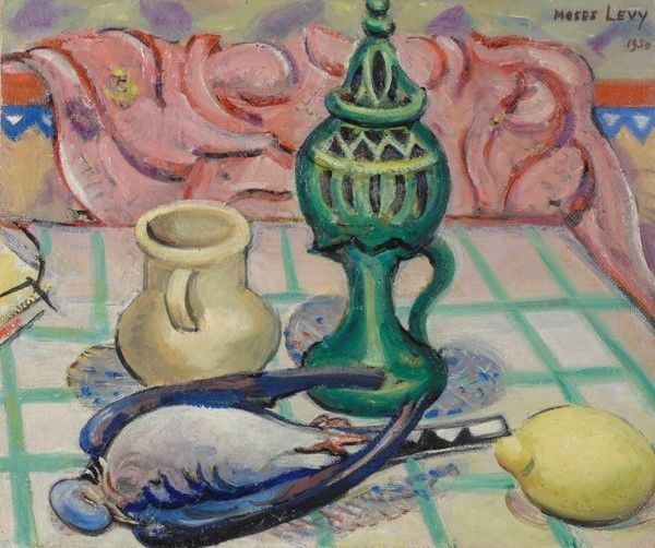 Moses Levy : Natura morta con vasi, limone e pernice  (1950)  - Olio su faesite - Asta Arte moderna e contemporanea - Galleria Pananti Casa d'Aste