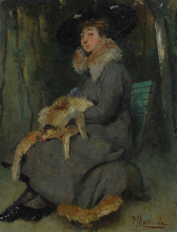 Pompeo Massani : Ritratto di signora seduta  - Olio su cartone - Auction Autori del XIX e XX sec., arte moderna e contemporanea - I - Galleria Pananti Casa d'Aste