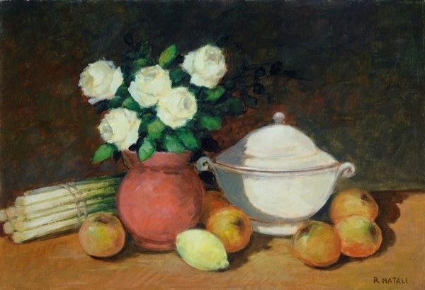 Renato Natali : Natura morta con zuppiera  - Olio su compensato - Asta Antiquariato, mobili, porcellane e dipinti antichi - I - Galleria Pananti Casa d'Aste