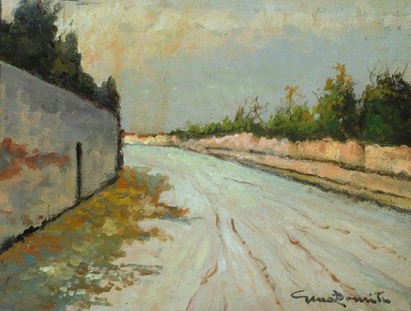 Gino Romiti : Strada  - Olio su faesite - Asta Antiquariato, mobili, porcellane e dipinti antichi - I - Galleria Pananti Casa d'Aste