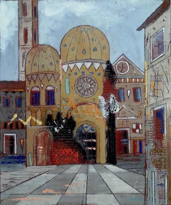 Diego Palasgo : Piazza Duomo  (1996)  - Tecnica mista su masonite - Asta Autori dell'800-900, Arte moderna e contemporanea - I - Galleria Pananti Casa d'Aste