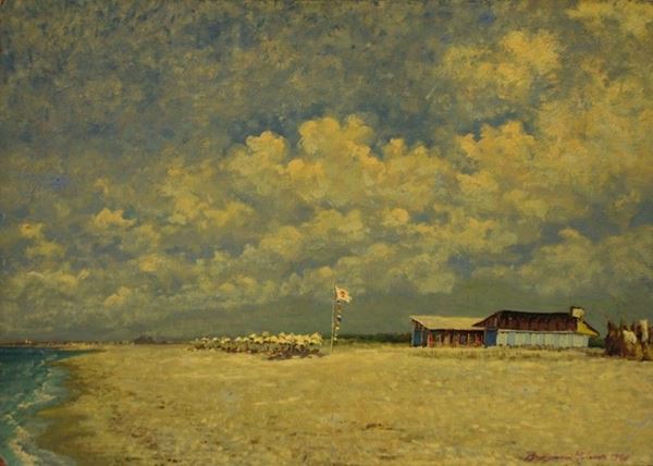 Anonimo, XX sec. : Spiaggia  (1954)  - Olio su faesite - Auction AUTORI DEL XIX E XX SEC - Galleria Pananti Casa d'Aste