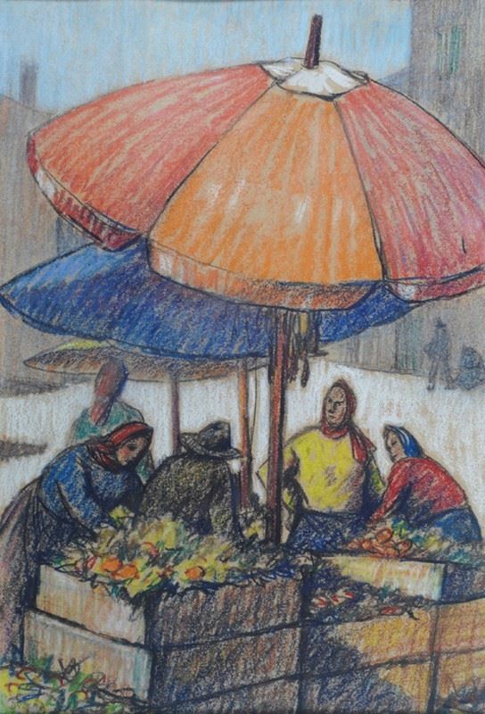 Dyalma Stultus : Il banco della verdura  - Pastelli su carta - Asta ARTE MODERNA - Galleria Pananti Casa d'Aste