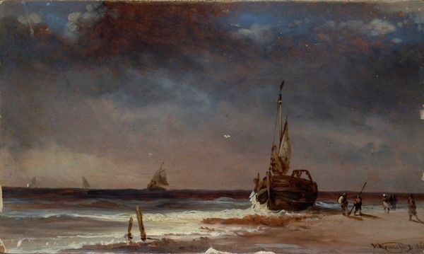 Anonimo, XIX sec. - Spiaggia con barca e figure