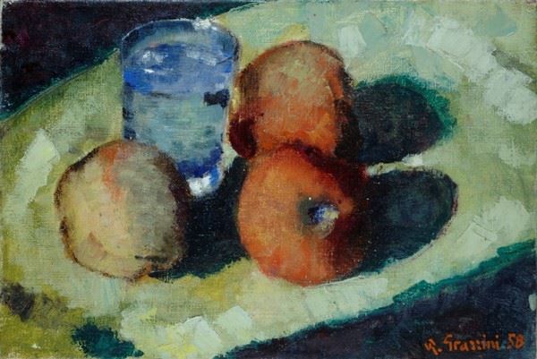 Renzo Grazzini : Natura morta con mele e bicchiere  (1958)  - Olio su tela - Auction Autori dell'800-900, Arte moderna e contemporanea - I - Galleria Pananti Casa d'Aste
