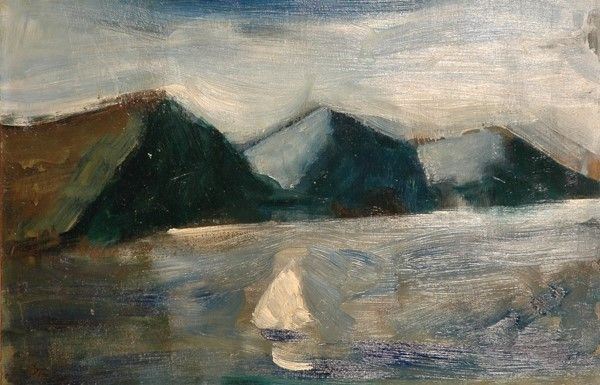 Mario Sironi : Paesaggio con montagne, lago e barca a vela  (seconda metà anni ‘40)  - Olio su tavola - Asta Autori del XIX e XX sec., arte moderna e contemporanea - I - Galleria Pananti Casa d'Aste