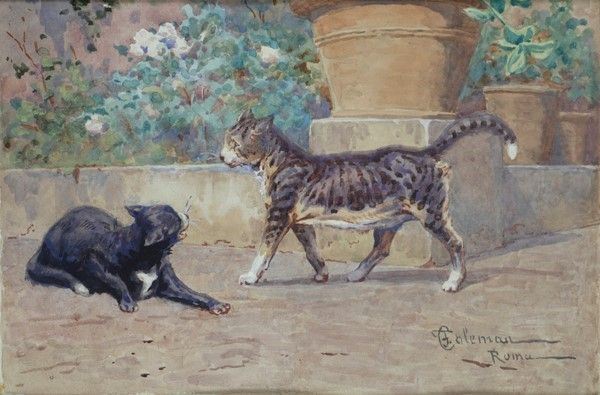 Francesco Coleman : L'idillio fra due gatti  ((1900))  - Acquerello su cartone - Asta Autori del XIX e XX sec., arte moderna e contemporanea - I - Galleria Pananti Casa d'Aste