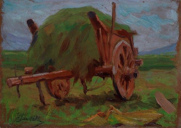 Giuseppe Santelli : Il carro del fieno (fronte); Il pozzo (retro)  - Olio su cartone - Asta Autori del XIX e XX sec., arte moderna e contemporanea - I - Galleria Pananti Casa d'Aste
