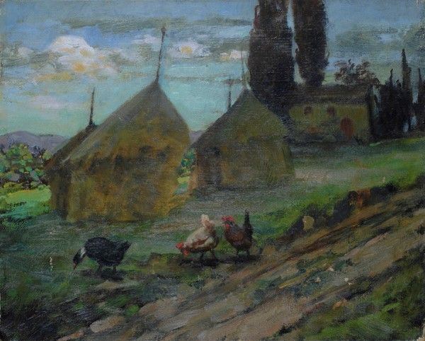 Osvaldo Tofani - Paesaggio con Galline e Pagliai