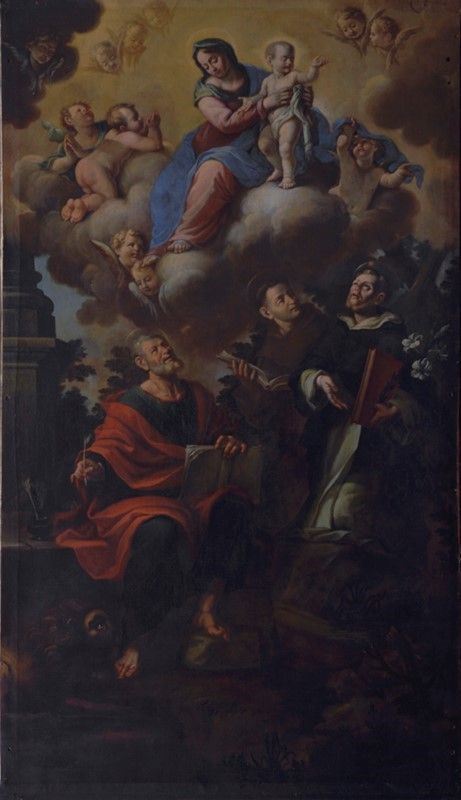 Scuola Toscana, XVIII sec. - La Vergine col Bambino e i santi Domenico, Francesco e Marco Evangelista