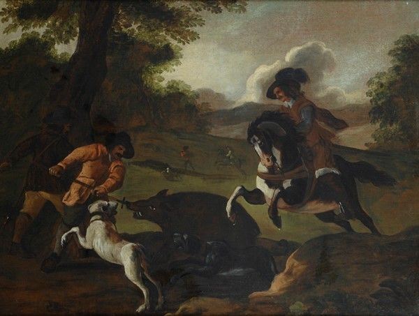 Scuola Italia Centrale, XVII sec. - Scena di caccia al cinghiale