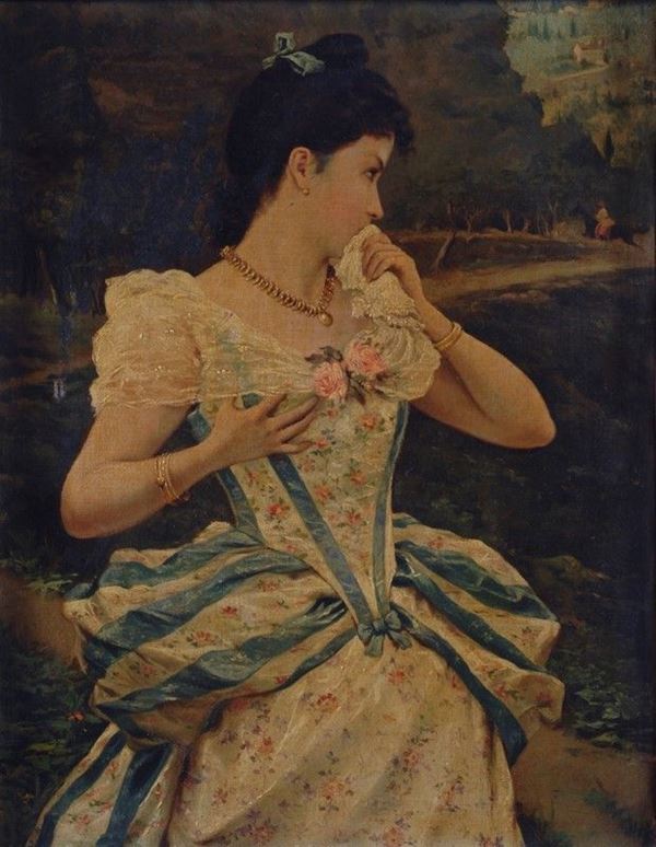 Anonimo, XIX sec. : Ritratto di  donna  - Olio su tela - Asta Autori del XIX e XX sec. - III - Galleria Pananti Casa d'Aste