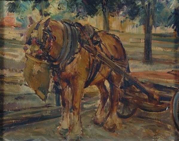Riccardo Magni : Cavallo  - Olio su cartone telato - Auction Antiquariato, mobili, porcellane e dipinti antichi - I - Galleria Pananti Casa d'Aste