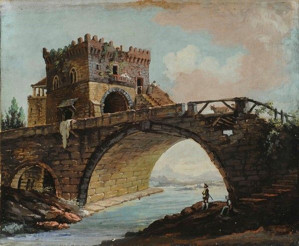 Scuola Romana, fine XVIII - inizio XIX sec.,da Hubert Robert : Paesaggio con ponte  - Tempera su carta riportata su tela - Asta Antiquariato, mobili, porcellane e dipinti antichi - I - Galleria Pananti Casa d'Aste