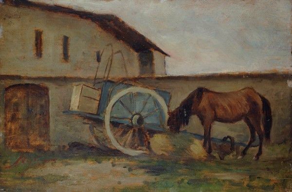 Silvestro Lega : Il Cavallo del procaccia  - Olio su legno - Asta Antiquariato, mobili, porcellane e dipinti antichi - I - Galleria Pananti Casa d'Aste