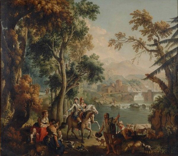 Vittorio Amedeo Cignaroli : Paesaggio fluviale con cavalieri e popolani  ((1770))  - Olio su tela - Auction Antiquariato, mobili, porcellane e dipinti antichi - I - Galleria Pananti Casa d'Aste