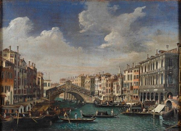 Scuola Veneta, XVIII - XIX sec. - Veduta del Canal Grande con il Ponte di Rialto