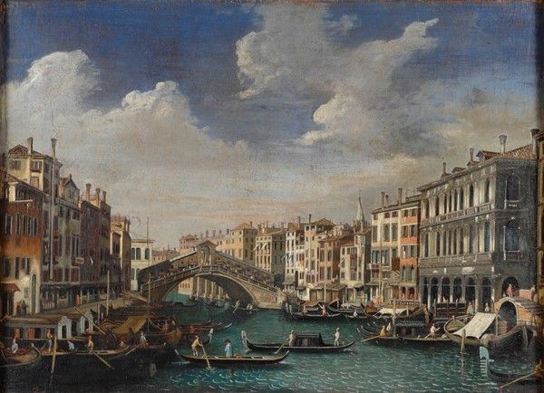 Scuola Veneta, XVIII - XIX Sec. - Veduta del Canal Grande con il Ponte di Rialto