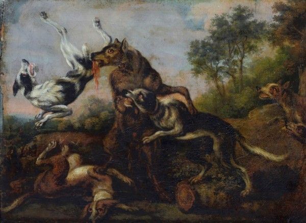 Attr. a Leon Souli&#232;, inizi XIX sec. - Lotta di cani con lupo