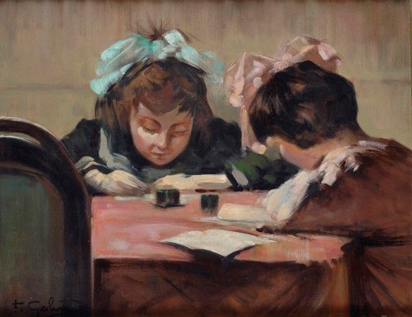 Francesco Galante : Bambine che studiano  - Olio su compensato - Auction Antiquariato, mobili, porcellane e dipinti antichi - I - Galleria Pananti Casa d'Aste