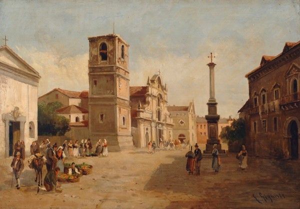 Ercole Gigante : Veduta di piazza  - Olio su carta riportata su  tela - Auction Antiquariato, mobili, porcellane e dipinti antichi - I - Galleria Pananti Casa d'Aste