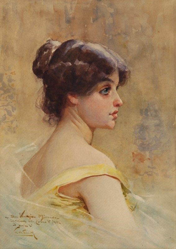 Giuseppe De Sanctis : Ritratto di fanciulla  - Acquerello su carta - Auction Autori del XIX e XX sec. - I - Galleria Pananti Casa d'Aste