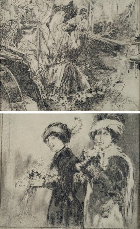 Attr. a Pietro Scoppetta - Coppia di disegni: Due signore; Ritratto di Signora