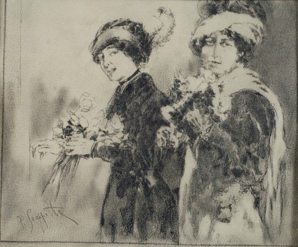 Attr. a Pietro Scoppetta - Coppia di Disegni: Due Signore; Ritratto di Signora