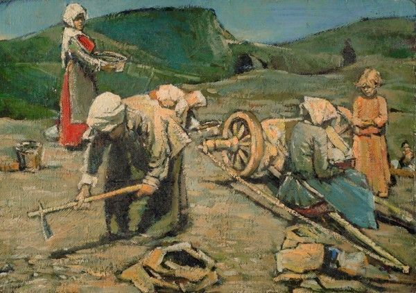 Scuola Italiana, XIX sec. : Contadine  - Tecnica mista su tela riportata su cartoncino - Asta Autori dell'800-900, Arte moderna e contemporanea - I - Galleria Pananti Casa d'Aste