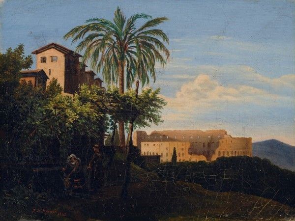 Anonimo, XIX sec. - Paesaggio con monaco e popolana alla fonte