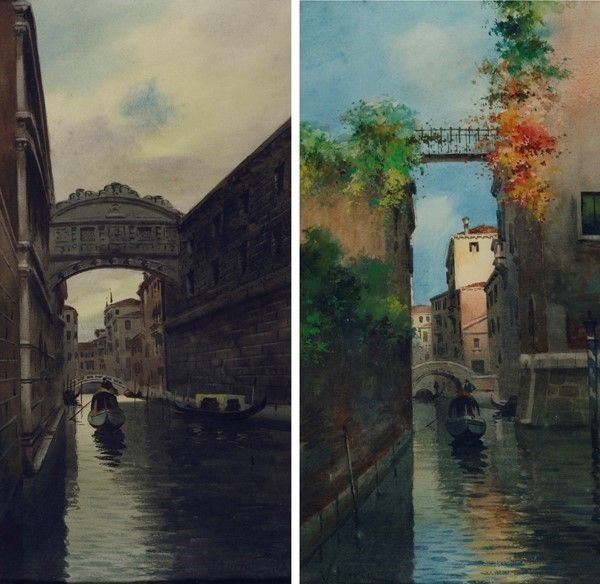 Vincenzo Loria - Il ponte dei Sospiri a Venezia; Canale di Venezia