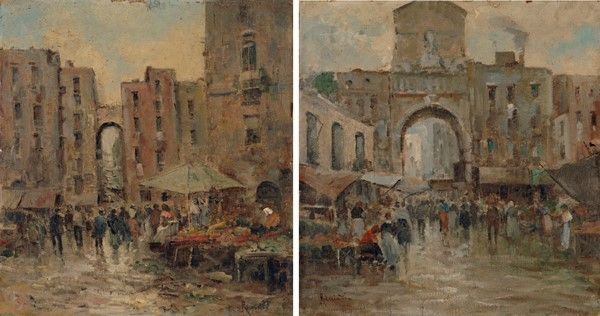 Oscar Ricciardi - Coppia di dipinti: Porta Capuana; Veduta di Piazza