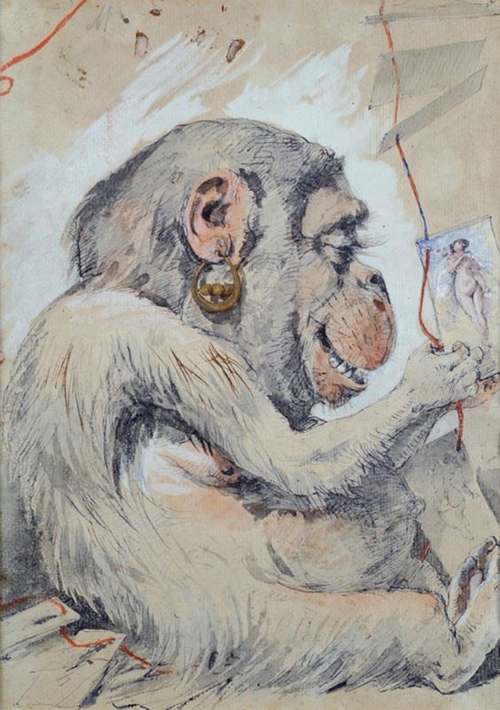 Scuola Italiana, XIX sec. : Scimmietta  - Tecnica mista su carta - Asta Autori dell'800-900, Arte moderna e contemporanea - I - Galleria Pananti Casa d'Aste