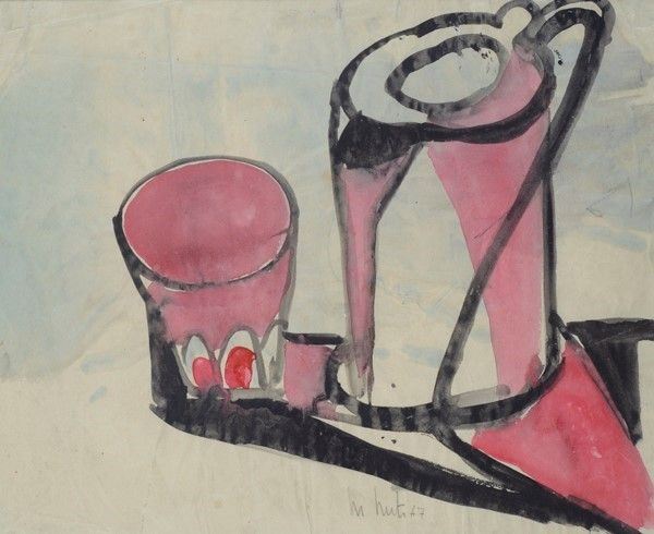 Mario Nuti : Brocca e bicchiere  (1947)  - Acquerello su carta - Asta Autori dell'800-900, Arte moderna e contemporanea - I - Galleria Pananti Casa d'Aste