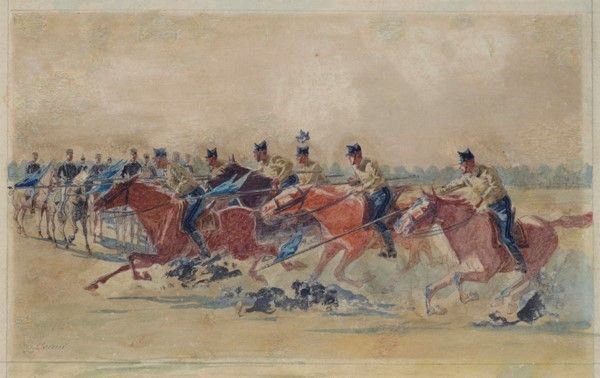 Quinto Cenni : La carica, eserciti a cavallo  - Acquerello su carta - Auction Antiquariato, mobili, porcellane e dipinti antichi - I - Galleria Pananti Casa d'Aste