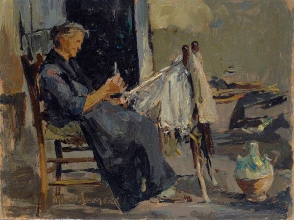 Michele De Simone : Vecchia al telaio  - Olio su tavola - Auction Antiquariato, mobili, porcellane e dipinti antichi - I - Galleria Pananti Casa d'Aste