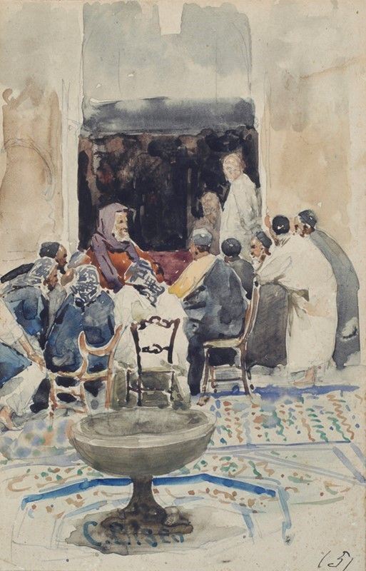 Cesare Biseo : Ricevimento degli Ebrei presso l'ambasciatore in Marocco  - Acquerello su carta applicata su cartoncino - Auction Antiquariato, mobili, porcellane e dipinti antichi - I - Galleria Pananti Casa d'Aste