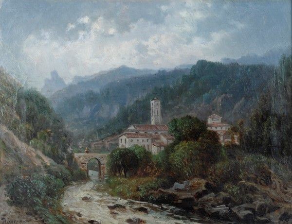 Emilio Donnini - Paesaggio con chiesa e ponte