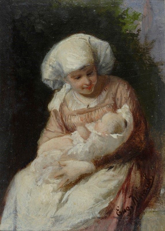 Eugen Johann Georg Klimsch : Donna con bambino  - Olio su cartone - Asta Autori dell'800-900, Arte moderna e contemporanea - I - Galleria Pananti Casa d'Aste