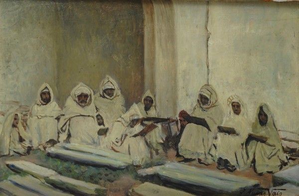 Italo Nunes Vais : Lezione di Corano  - Olio su tavola - Auction Antiquariato, mobili, porcellane e dipinti antichi - I - Galleria Pananti Casa d'Aste