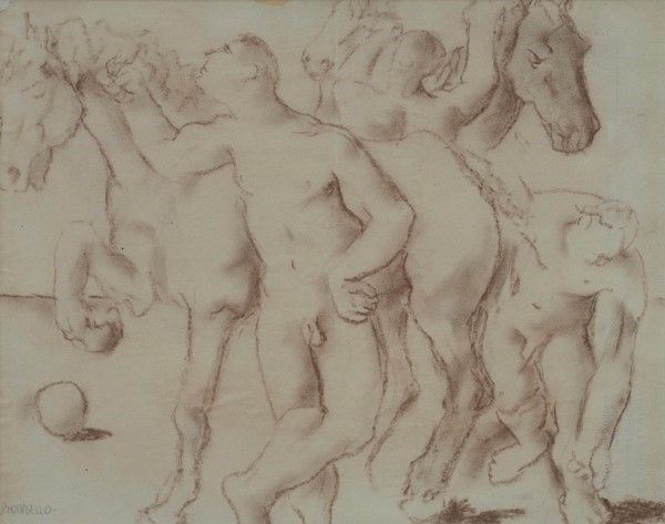 Fausto Pirandello : Nudi e cavalli  (1927)  - Sanguigna su carta - Asta Arte Moderna e Contemporanea - Galleria Pananti Casa d'Aste