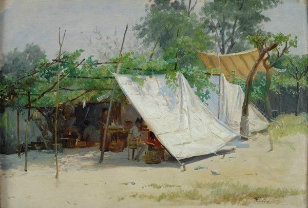 Giacomo Mantegazza : Accampamento  - Olio su tavola - Auction Antiquariato, mobili, porcellane e dipinti antichi - I - Galleria Pananti Casa d'Aste