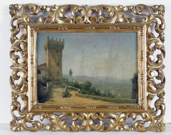 Fabio Borbottoni : Paesaggio con torre  - Olio su cartone - Auction Antiquariato, mobili, porcellane e dipinti antichi - I - Galleria Pananti Casa d'Aste
