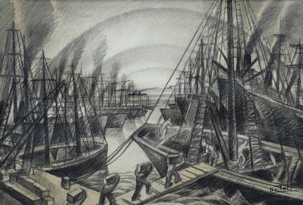 Gerardo Dottori : Porto di La Spezia  (anni '30)  - Carboncino su carta - Auction Arte Moderna e Contemporanea - Galleria Pananti Casa d'Aste