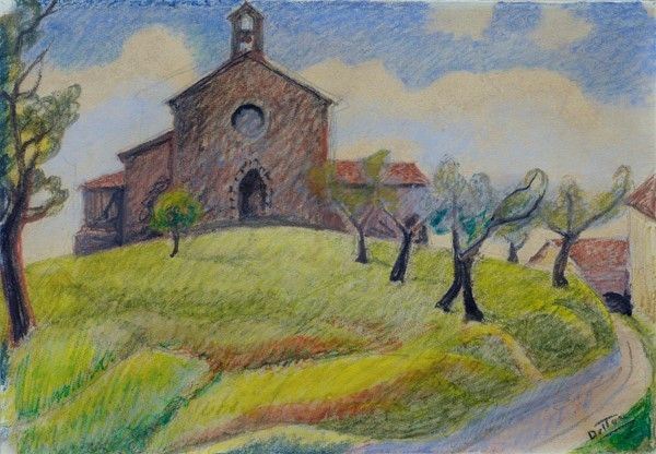 Gerardo Dottori : Chiesa di campagna con olivi  (anni '40)  - Idromatita su carta - Asta Arte Moderna e Contemporanea - Galleria Pananti Casa d'Aste