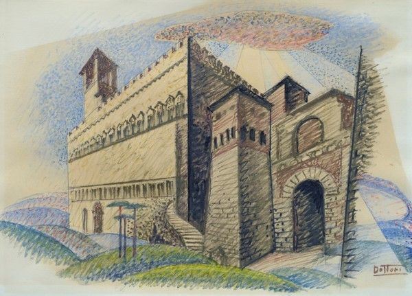 Gerardo Dottori : Sintesi di Perugia  (fine anni '30)  - Idromatita su carta - Asta Arte Moderna e Contemporanea - Galleria Pananti Casa d'Aste